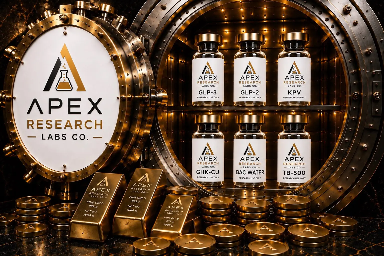 Apex Research Labs Co. gold vault with labeled research peptide vials, gold bars and coins